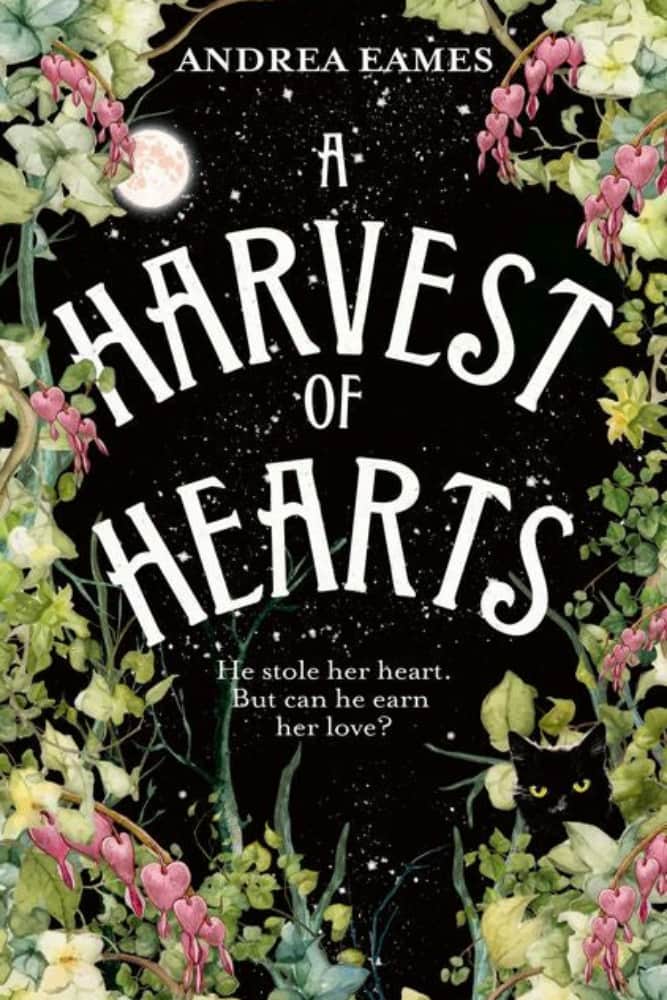 Book cover of 'A Harvest of Hearts' with floral design and moon.