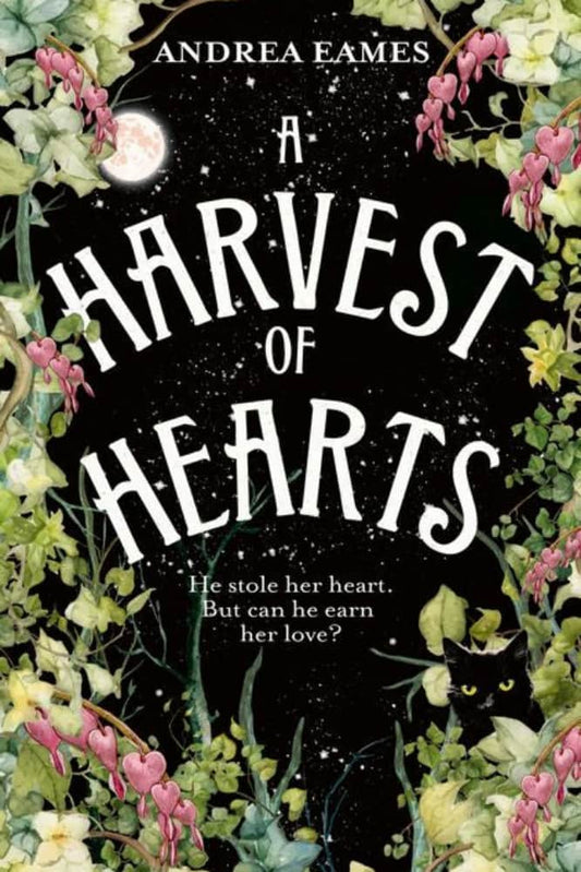Book cover of 'A Harvest of Hearts' with floral design and moon.
