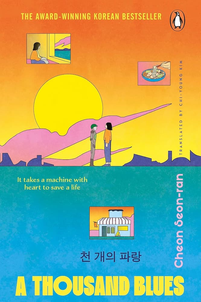 Book cover of 'A Thousand Blues' with a colorful illustration and text.