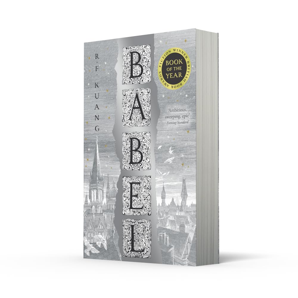 Book cover of 'Babel' by R.F. Kuang with decorative text and cityscape illustration.