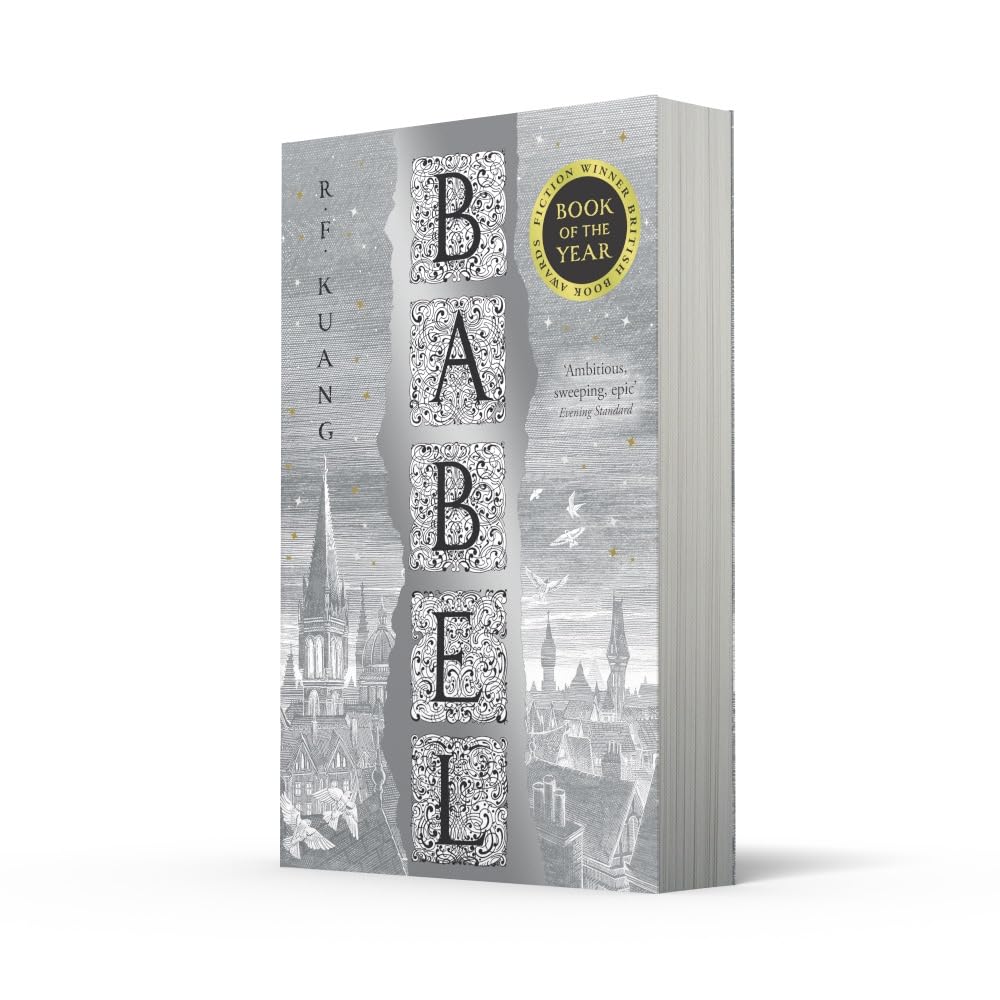 Book cover of 'Babel' by R.F. Kuang with decorative text and cityscape illustration.