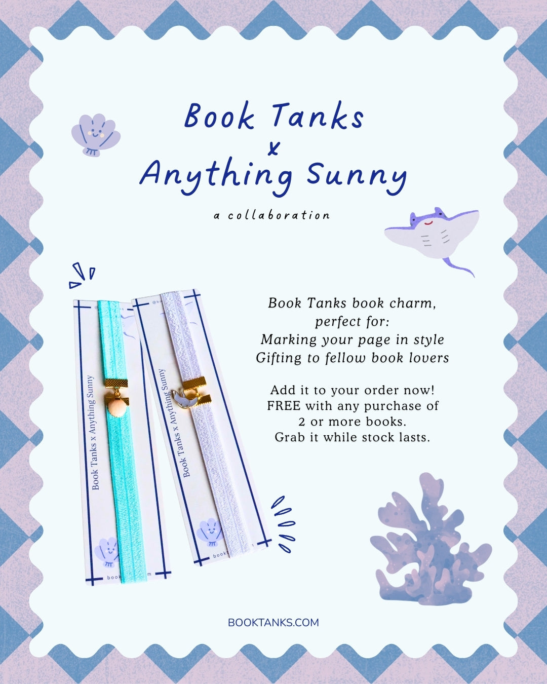 Advertisement for Book Tanks book charm by Anything Sunny on a decorative card with blue and white pattern.