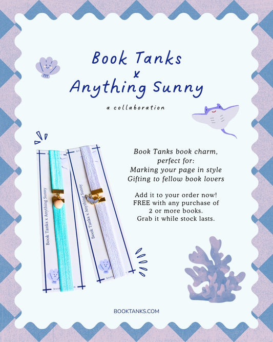 Advertisement for Book Tanks book charm by Anything Sunny on a decorative card with blue and white pattern.