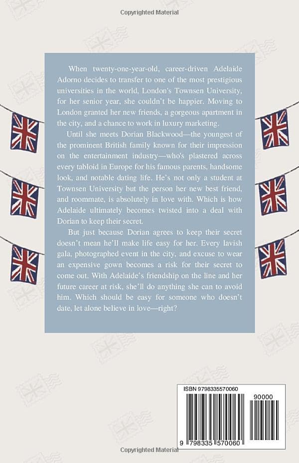 Book back cover with text and British flags on a light gray background
