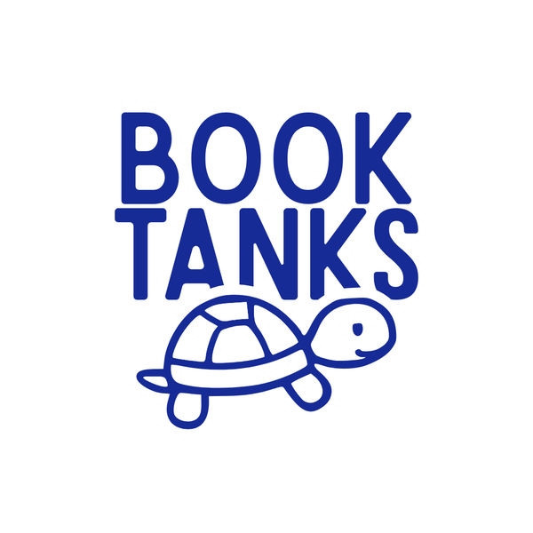 Blue 'BOOK TANKS' text with a turtle graphic on a white background