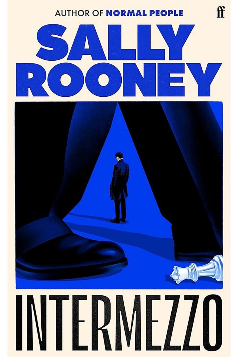 Book cover of 'Intermezzo' by Sally Rooney with a silhouette of a person and a chess piece.