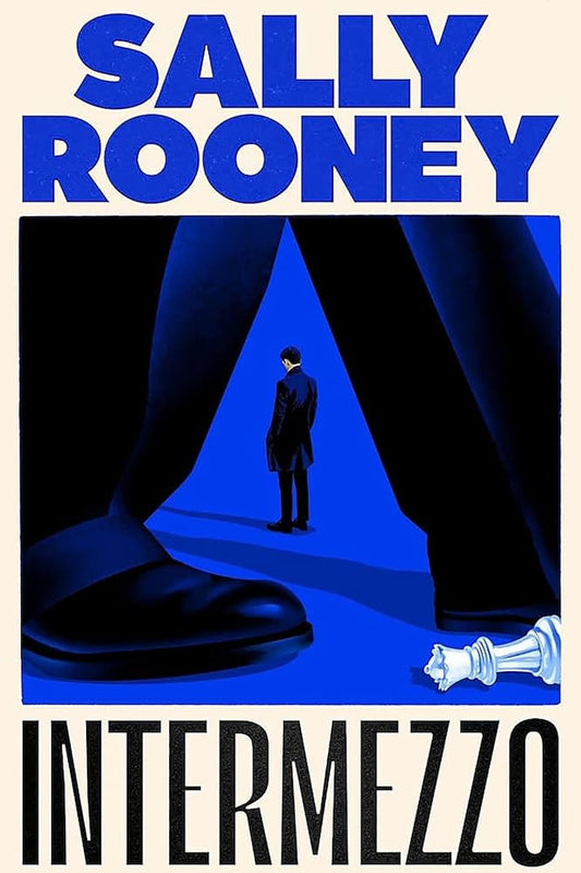 Book cover of 'Intermezzo' by Sally Rooney with a silhouette of a person and a chess piece.