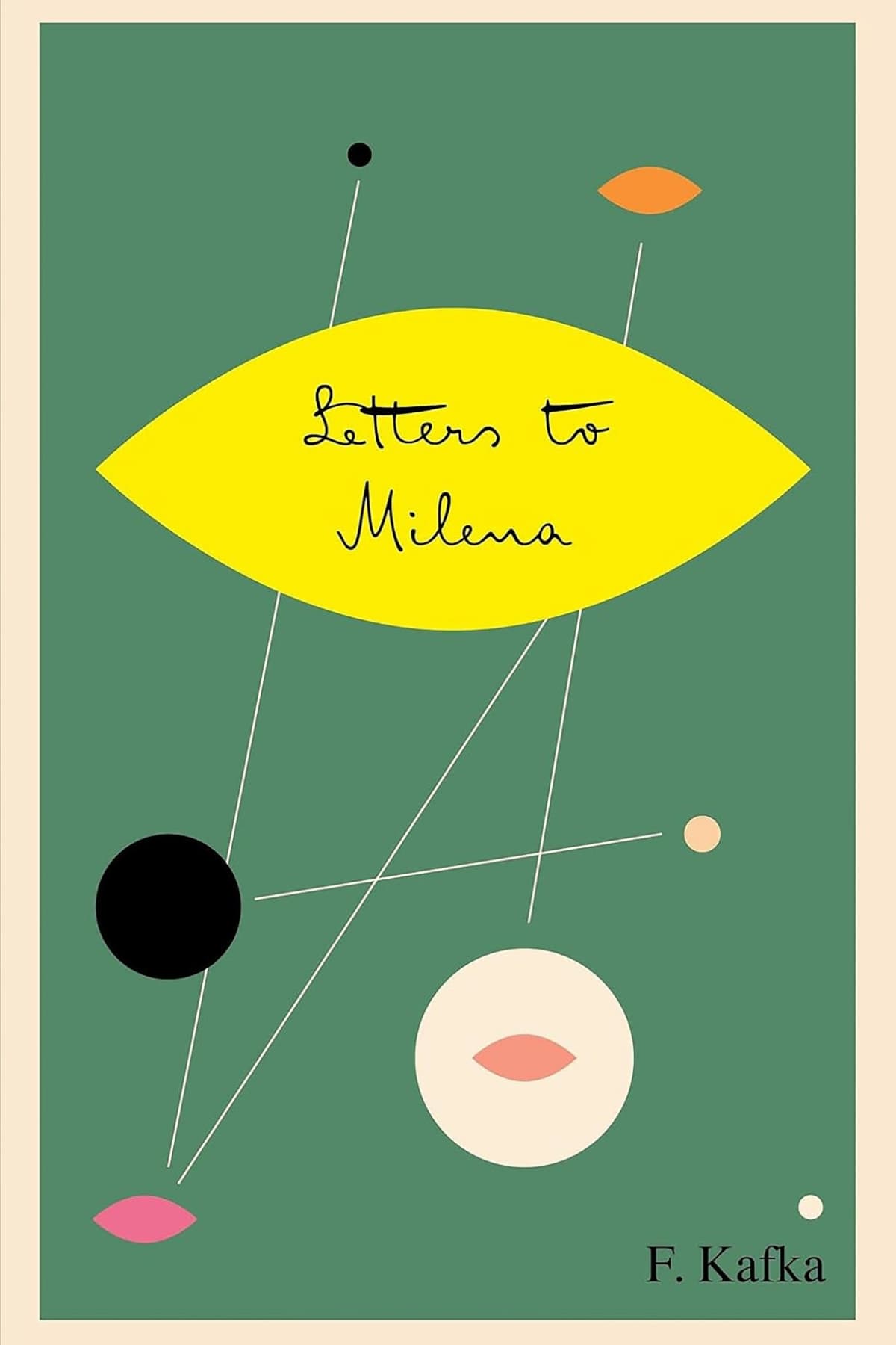 Book cover of 'Letters to Milena' by F. Kafka with abstract shapes on a green background