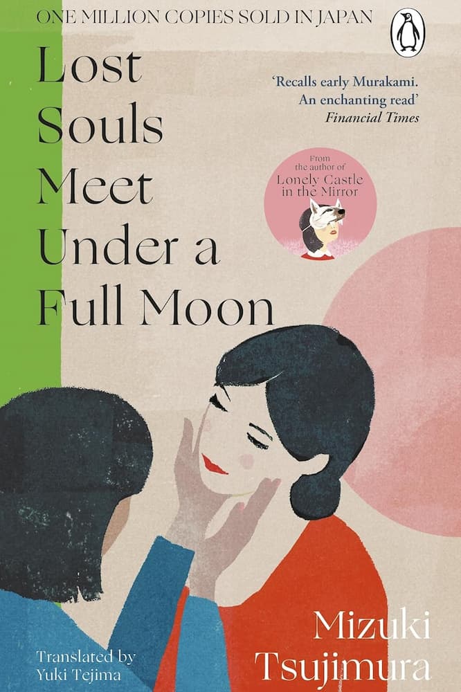 Book cover of 'Lost Souls Meet Under a Full Moon' with illustration of two people and text.