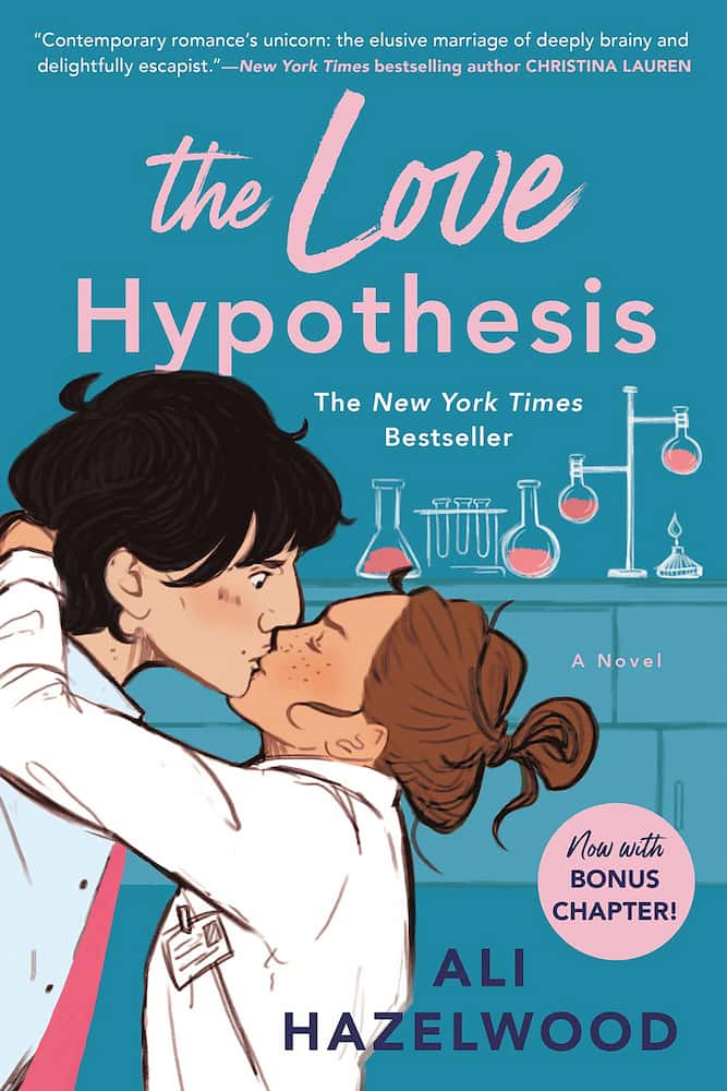 Book cover of 'The Love Hypothesis' by Ali Hazelwood with a couple embracing and laboratory equipment in the background.