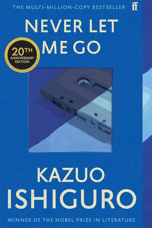 Book cover of 'Never Let Me Go' by Kazuo Ishiguro with a cassette tape illustration on a blue background.