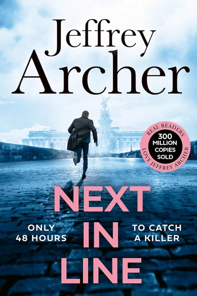 Book cover of 'Next in Line' by Jeffrey Archer with a silhouette of a person walking on a bridge.