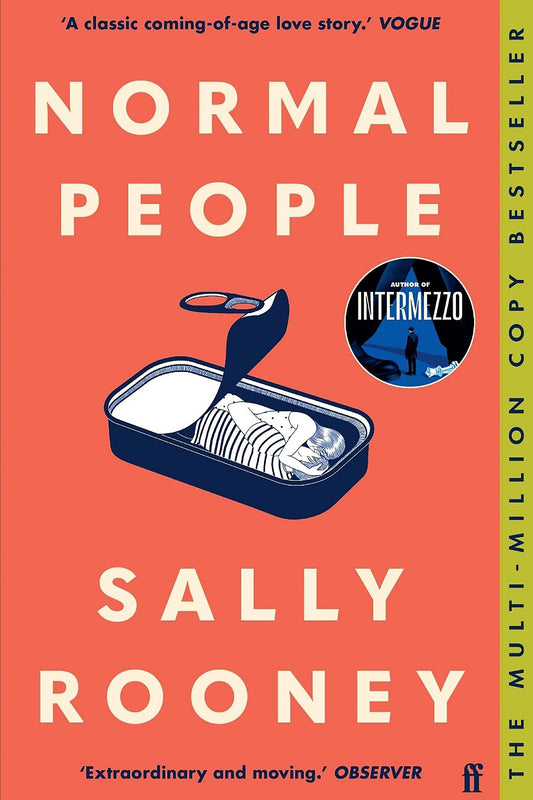 Book cover of 'Normal People' by Sally Rooney with a red background and illustration of sardines.