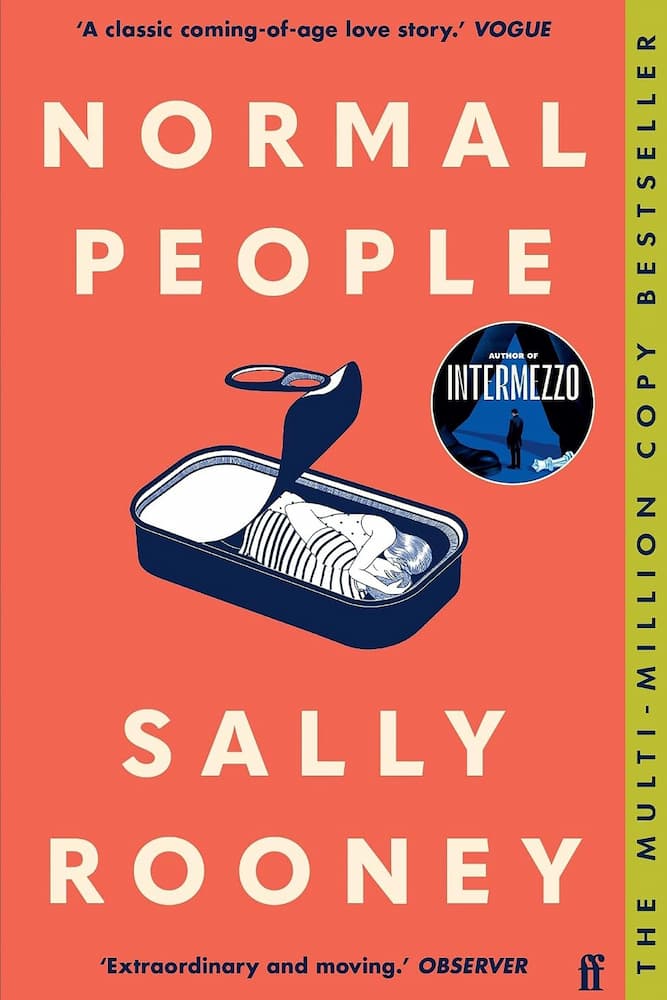 Book cover of 'Normal People' by Sally Rooney with a red background and illustration of sardines.