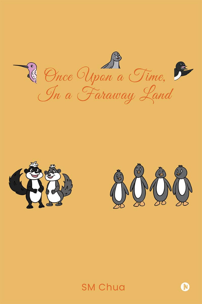 Book cover of 'Once Upon a Time, In a Faraway Land' with cartoon animals on an orange background