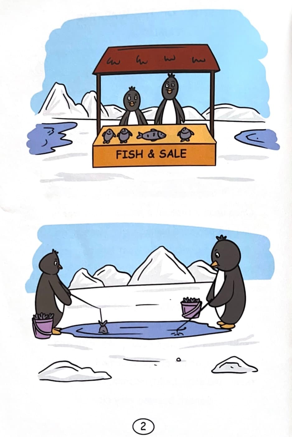 Cartoon scene with penguins at a fish sale stand in a snowy landscape.