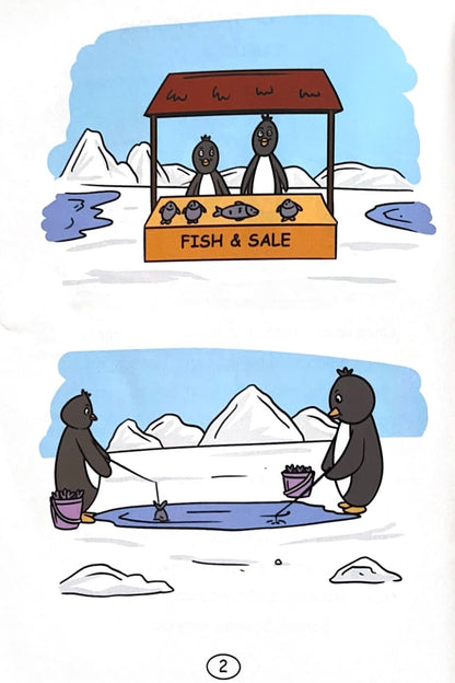 Cartoon scene with penguins at a fish sale stand in a snowy landscape.
