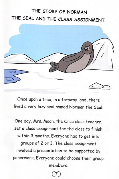 Comic strip about a seal named Norman and a class assignment, with a cartoon seal on ice and text.