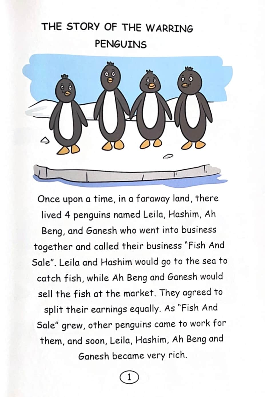 Storybook page with cartoon penguins and text about a business venture.