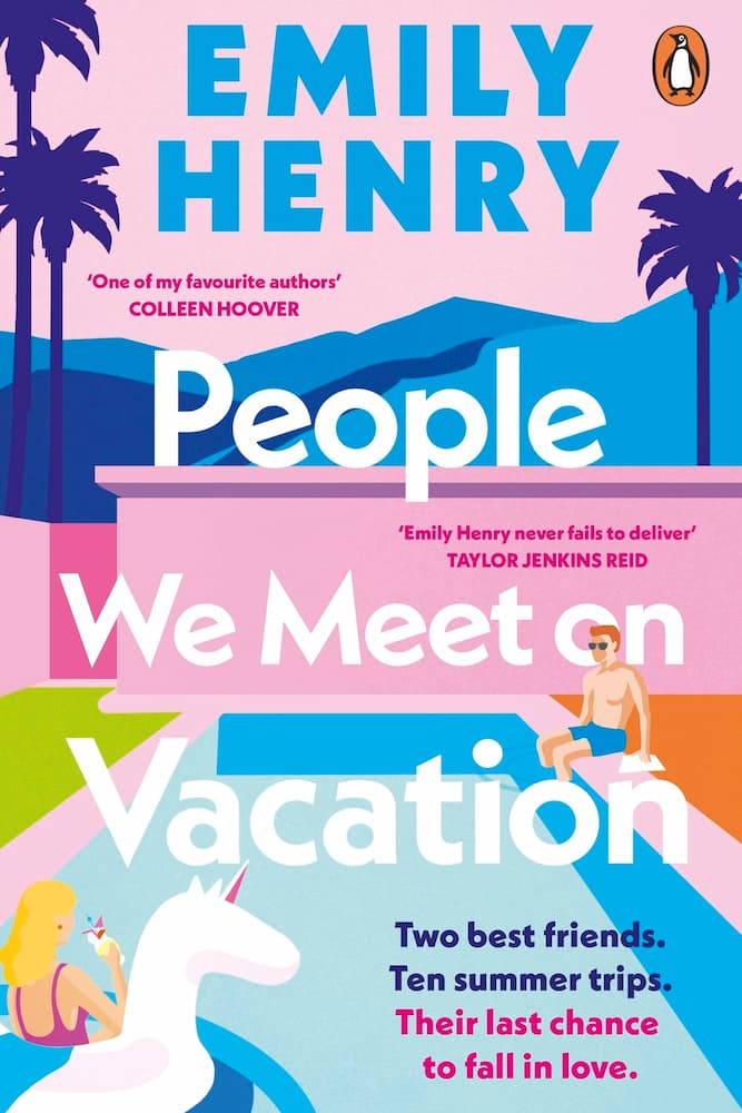 Book cover of 'People We Meet on Vacation' by Emily Henry with a beach scene and palm trees.