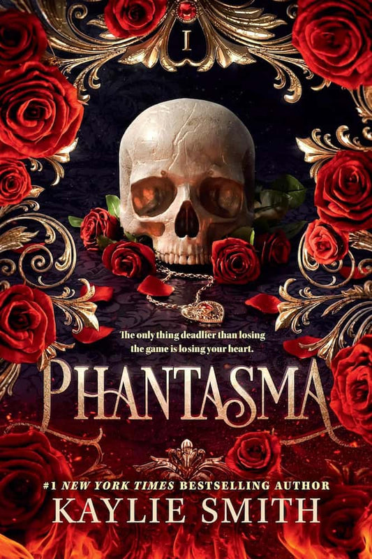 Book cover of 'Phantasma' with a skull and red roses.