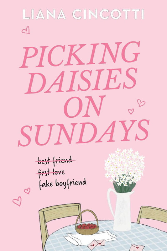 Book cover of 'Picking Daisies on Sundays' with a pink background, table setting, and flowers.
