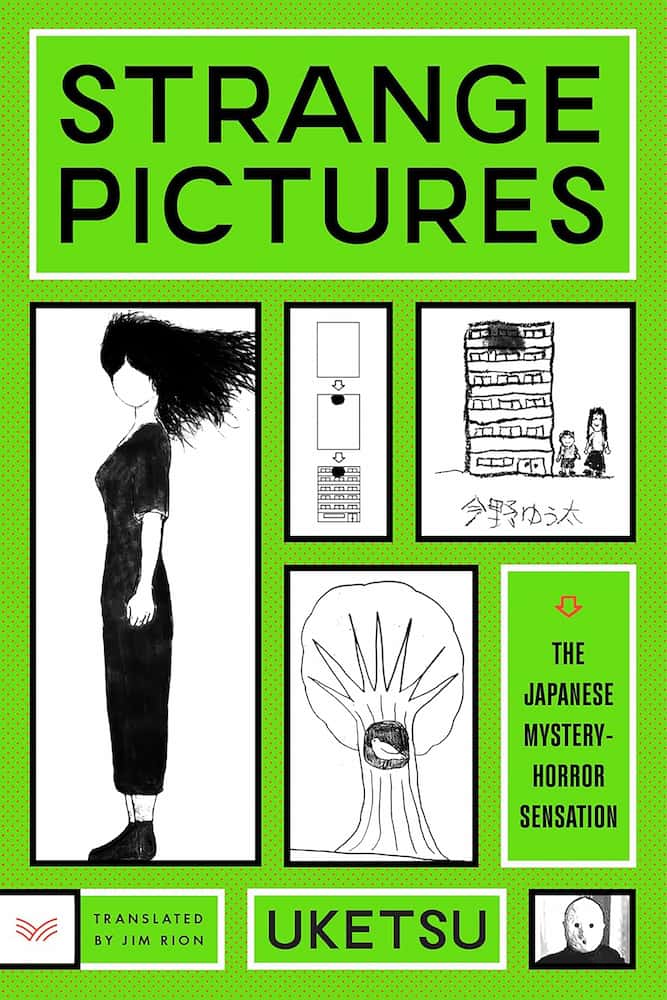 Book cover of 'Strange Pictures' with black and white illustrations on a green background