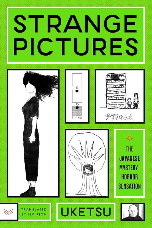 Book cover of 'Strange Pictures' with black and white illustrations on a green background