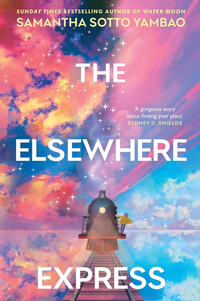 Book cover of 'The Elsewhere Express' with a colorful sky and train.