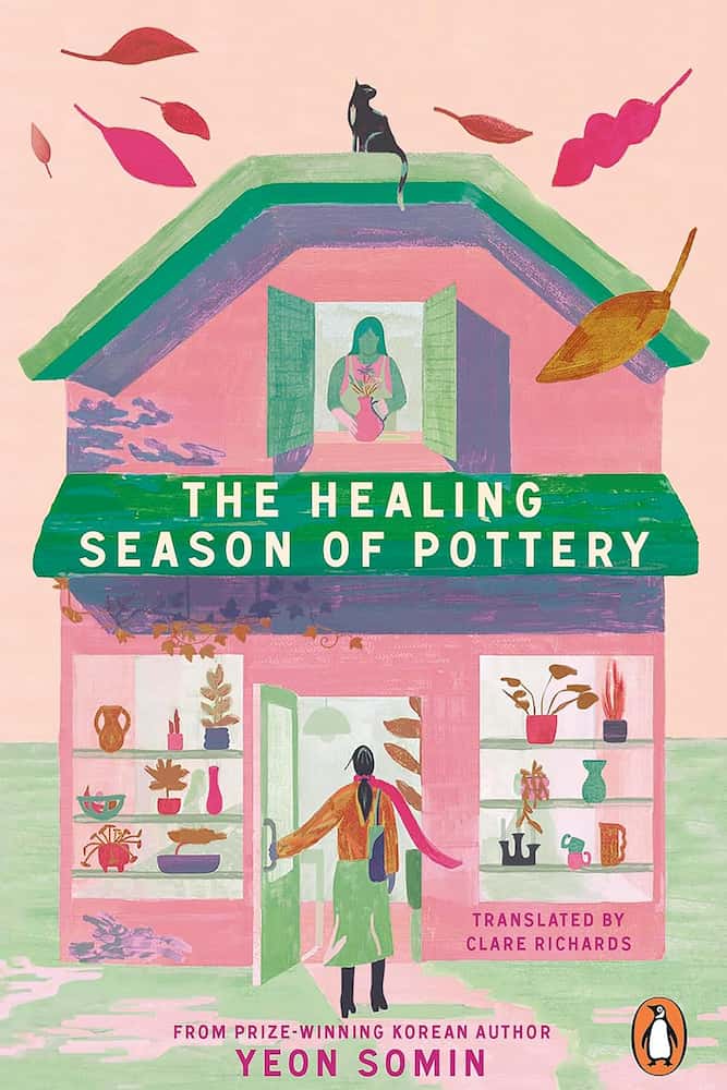 Book cover of 'The Healing Season of Pottery' with illustrations of a potter's studio and a cat.