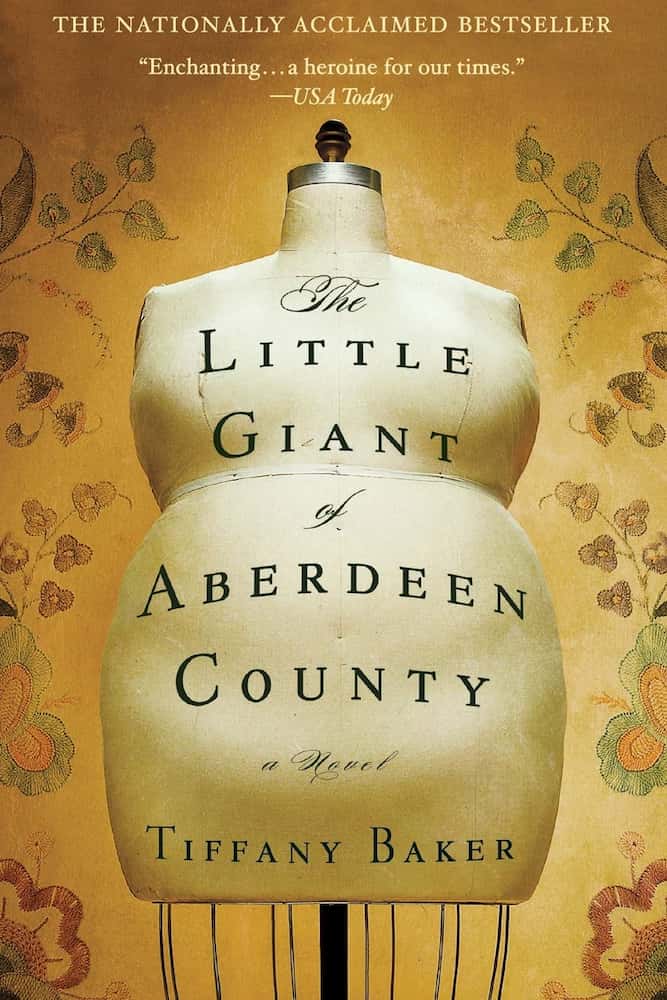 Book cover of 'The Little Giant of Aberdeen County' by Tiffany Baker with a mannequin torso on a decorative background.