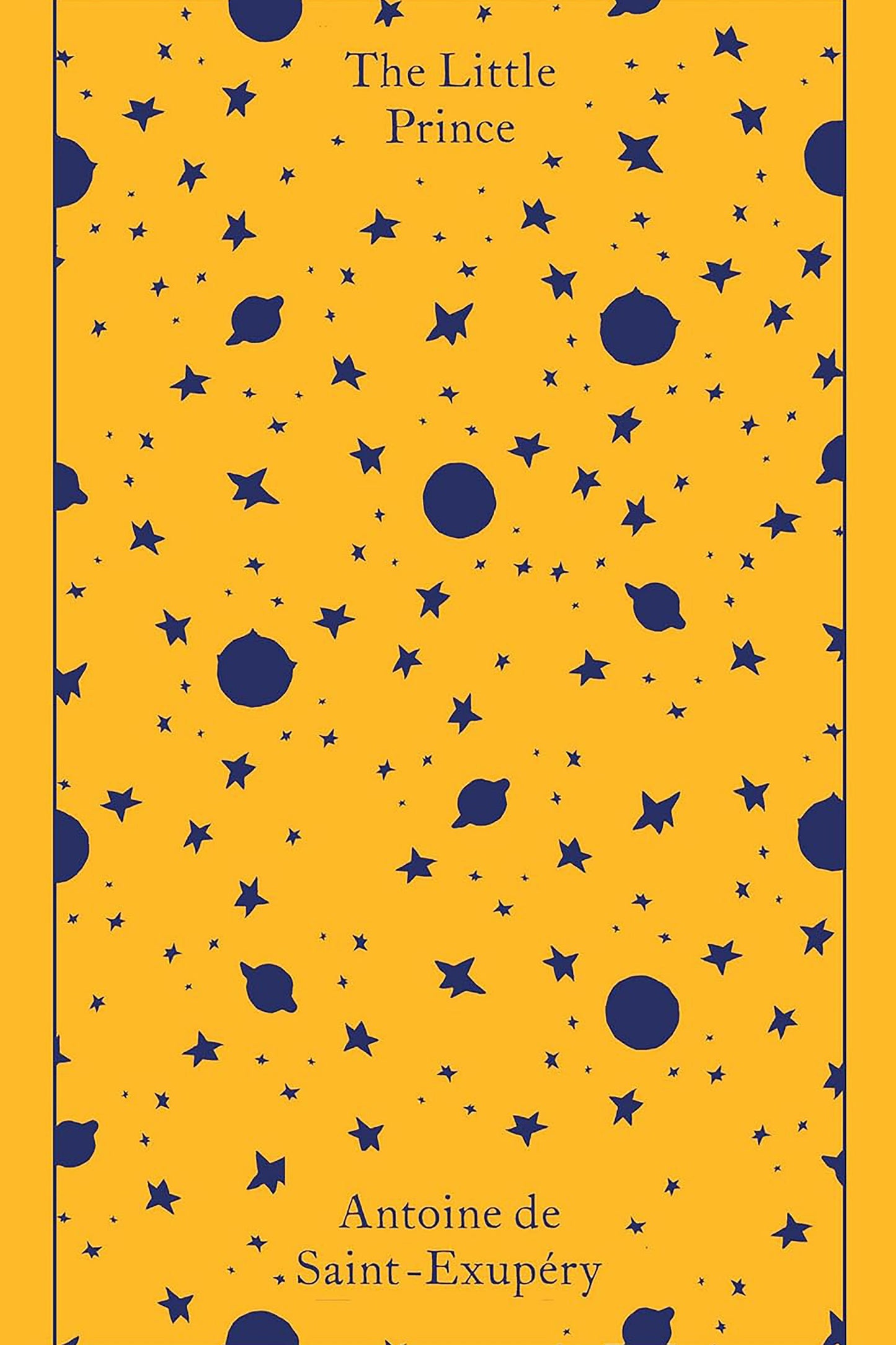 Book cover of 'The Little Prince' with a pattern of blue stars and planets on a yellow background.