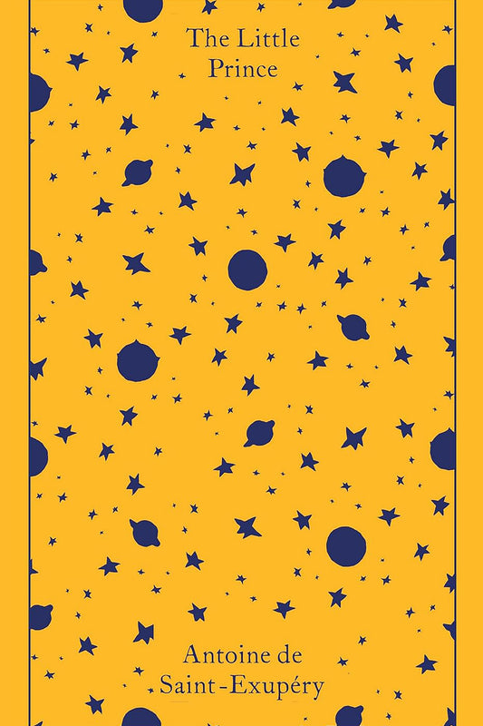 Book cover of 'The Little Prince' with a pattern of blue stars and planets on a yellow background.