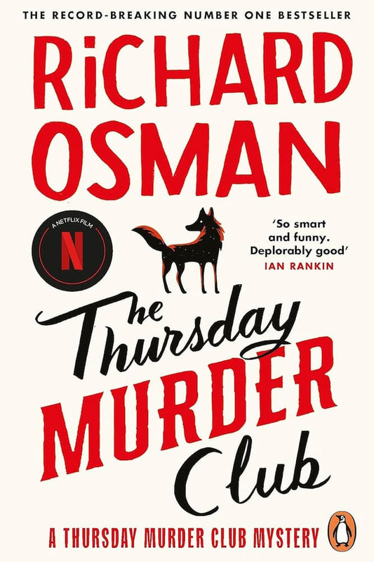Book cover of 'The Thursday Murder Club' by Richard Osman with a dog illustration and Netflix logo.