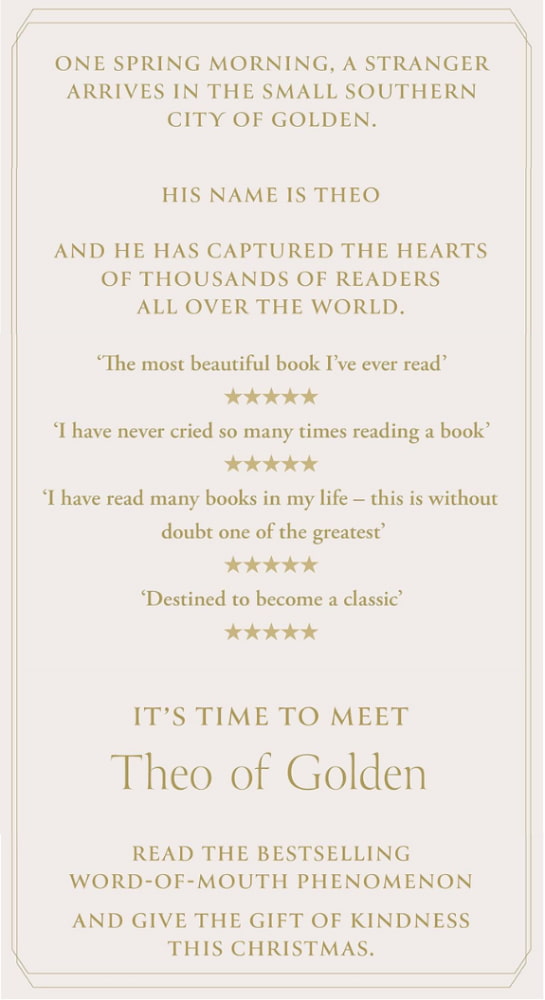Promotional text for 'Theo of Golden' book with reader testimonials on a light background