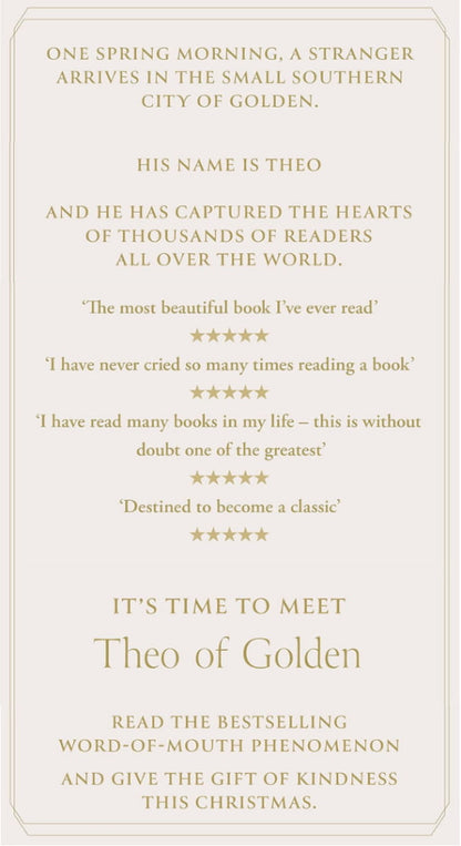 Promotional text for 'Theo of Golden' book with reader testimonials on a light background
