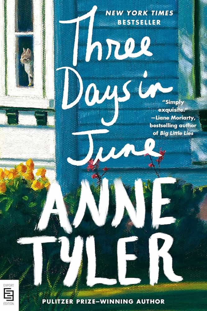 Book cover of 'Three Days in June' by Anne Tyler with a blue door and cat in the background.